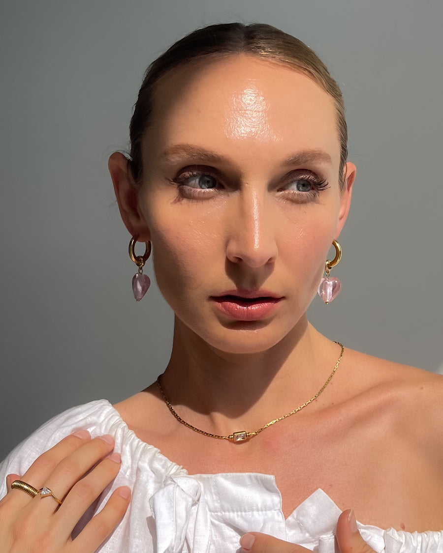 Pink gold Blush Babe Heart Drop Earrings by Tegan Rae Jewellery featuring heart-shaped dangles and elegant design.