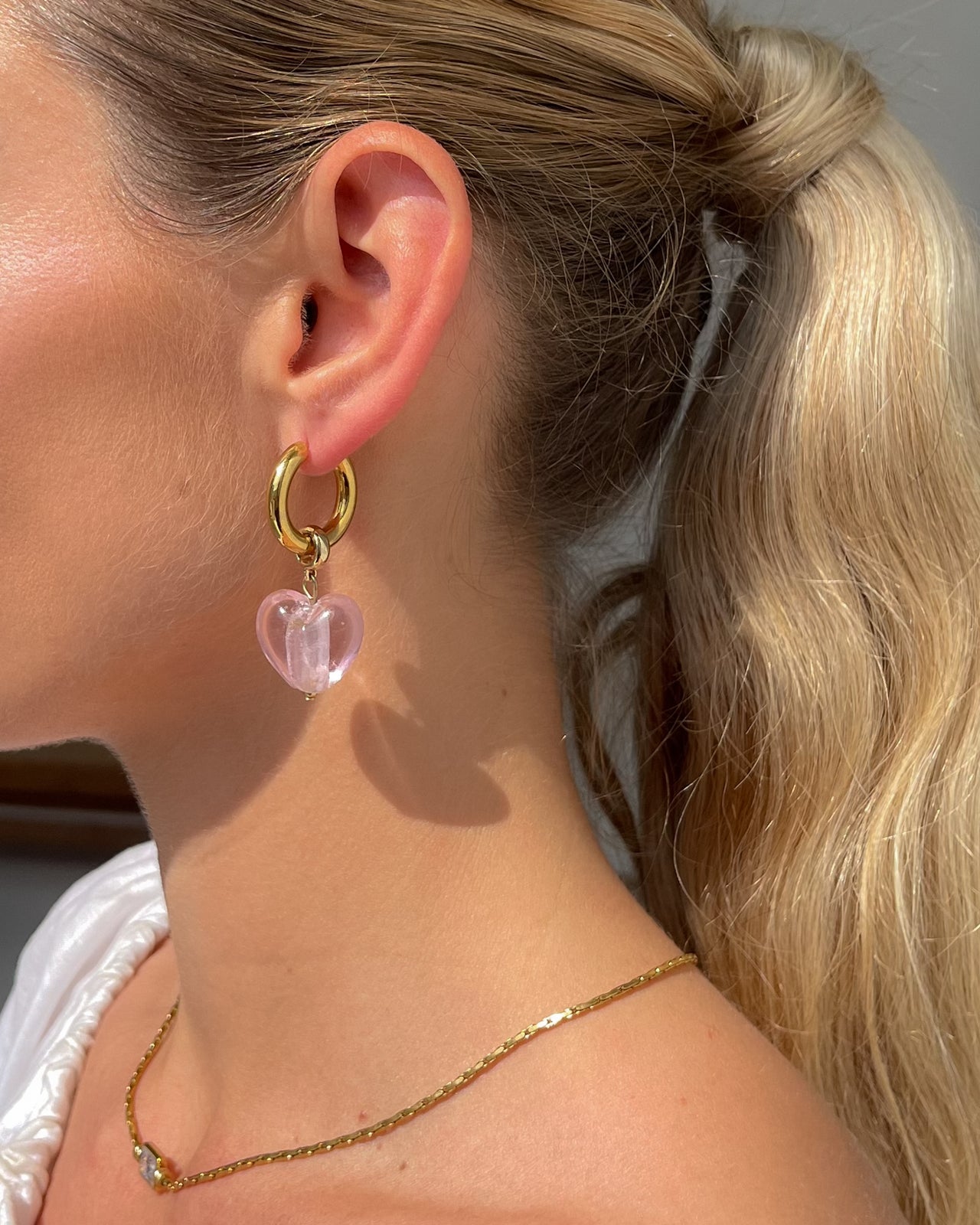 Pink gold Blush Babe Heart Drop Earrings by Tegan Rae Jewelry, featuring delicate heart-shaped dangles and elegant design.