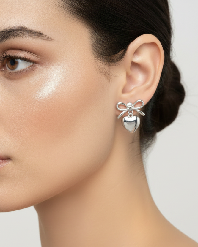 Bow Drop Heart Stud Earrings Silver