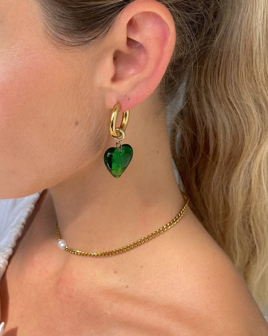 Green Emerald Dream Heart Drop Earrings by Tegan Rae Jewellery featuring vibrant heart-shaped gemstone earrings.