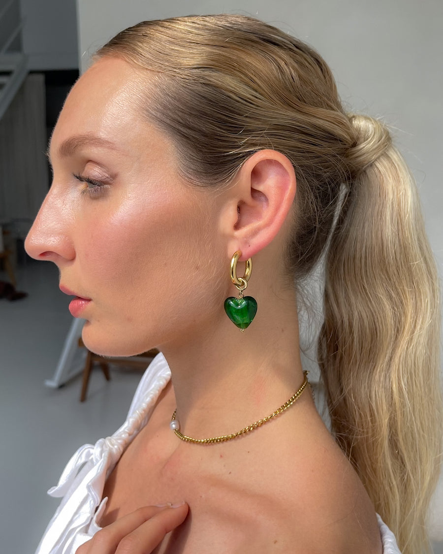 Green Emerald Dream Heart Drop Earrings by Tegan Rae Jewellery, featuring elegant heart-shaped design and vibrant green gemstones.