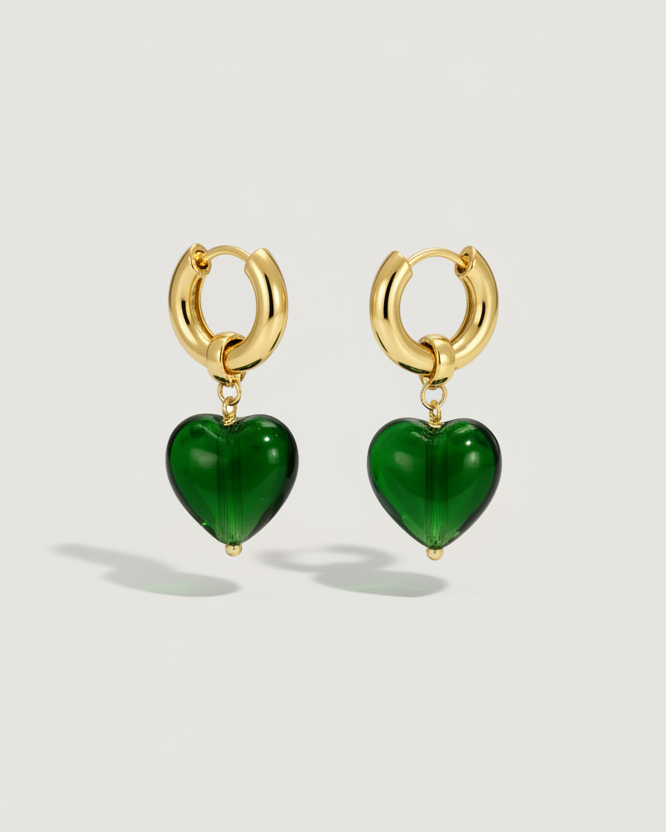 Green Emerald Dream Heart Drop Earrings by Tegan Rae Jewellery, elegant dangle earrings with heart-shaped green gemstones.