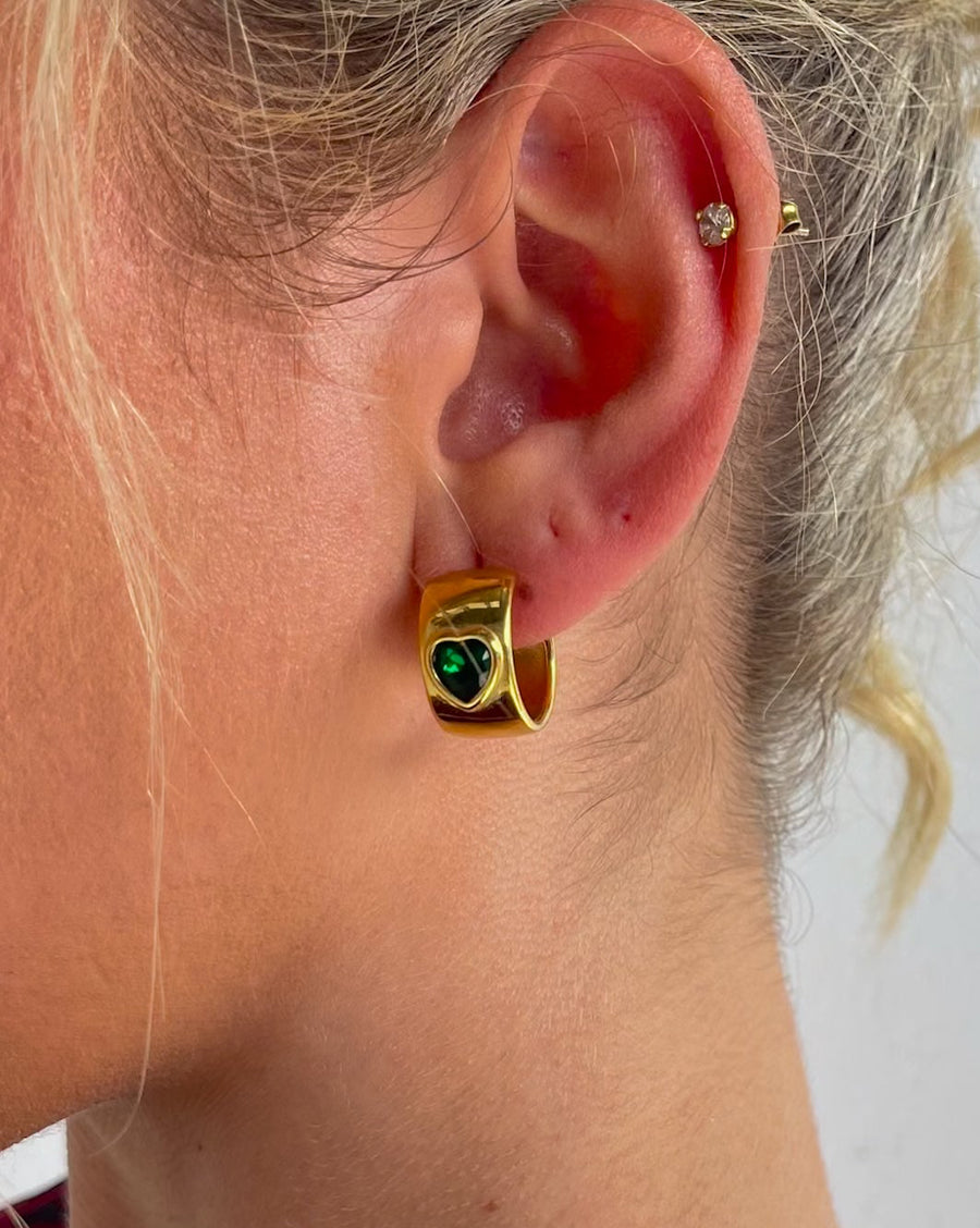 EMERALD HEART HUGGIE EARRINGS GOLD - STUDIO JO STORE  