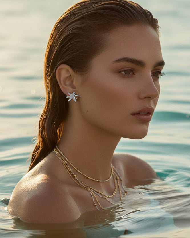 Flower Burst earrings in platinum silver by Tegan Rae Jewellery, featuring intricate floral design and shiny silver finish.