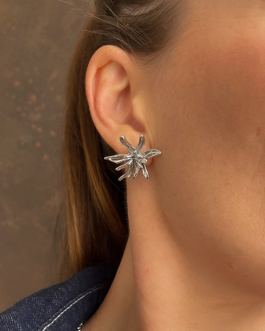 Flower Burst Earrings in platinum silver by Tegan Rae Jewellery, featuring intricate floral design and elegant craftsmanship.