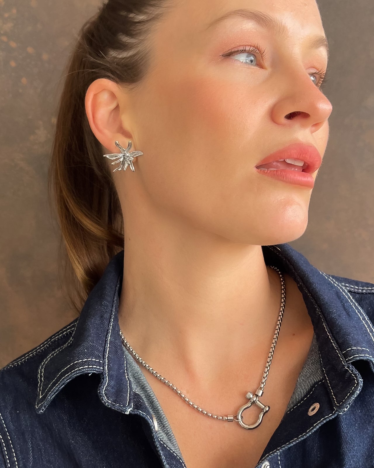 Flower Burst earrings by Tegan Rae Jewellery in platinum silver with intricate floral design, perfect for elegant accessories.