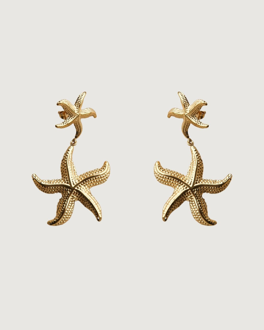 Gold starfish drop earrings by Tegan Rae Jewellery featuring elegant design and shimmering gold finish.