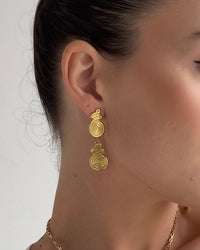 Thumbnail for Gold spiral drop stud earrings by Tegan Rae Jewellery featuring elegant, shiny gold design with a spiral motif.
