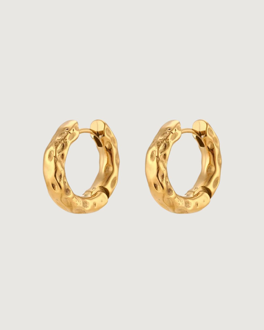 Organic hammered gold statement hoops earrings, 19mm size, 18k gold PVD, by Tegan Rae Jewellery.