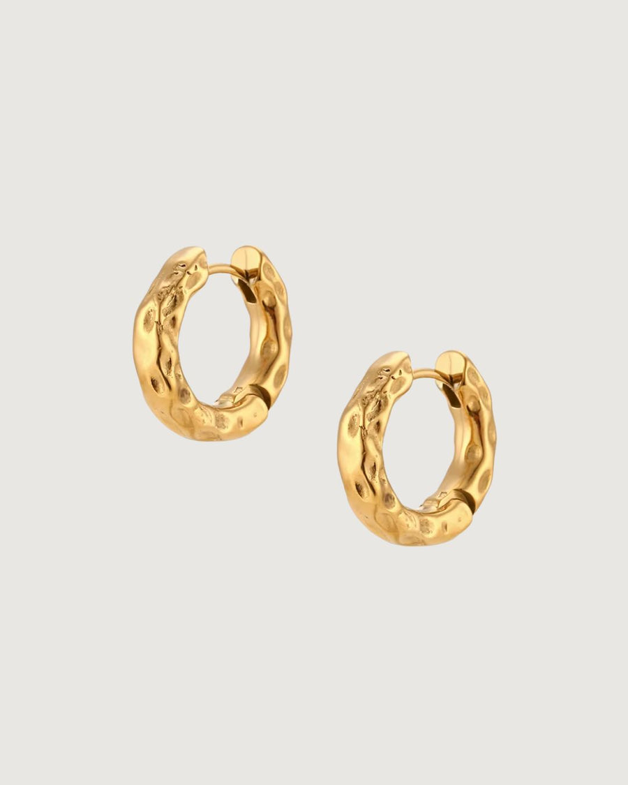 Organic hammered gold statement hoops earrings, 19mm diameter, 18k gold PVD finish from Tegan Rae Jewellery.