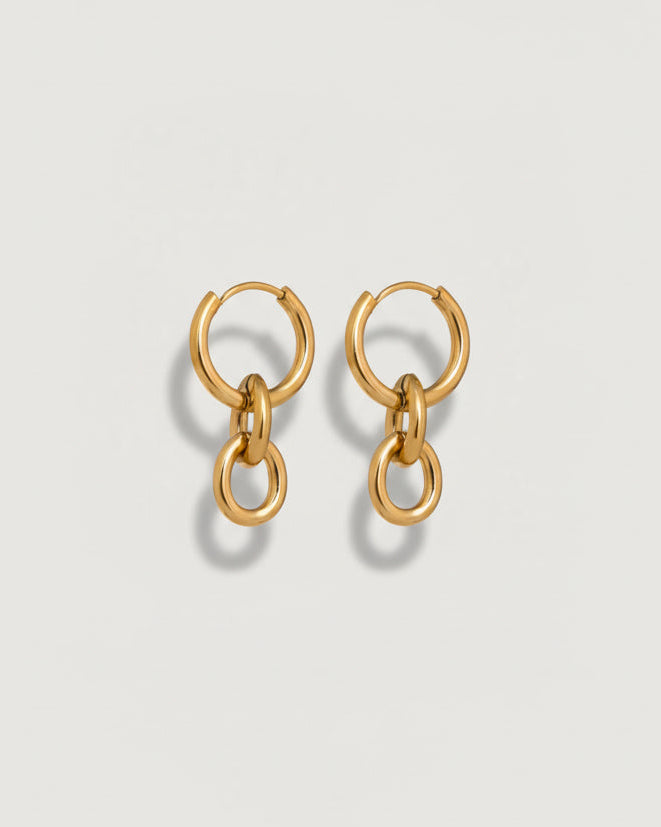 Tegan Rae Jewellery Peita Hoop Chain Earrings in 18k gold, showcasing stylish hoop earrings with chain detail and a polished finish.