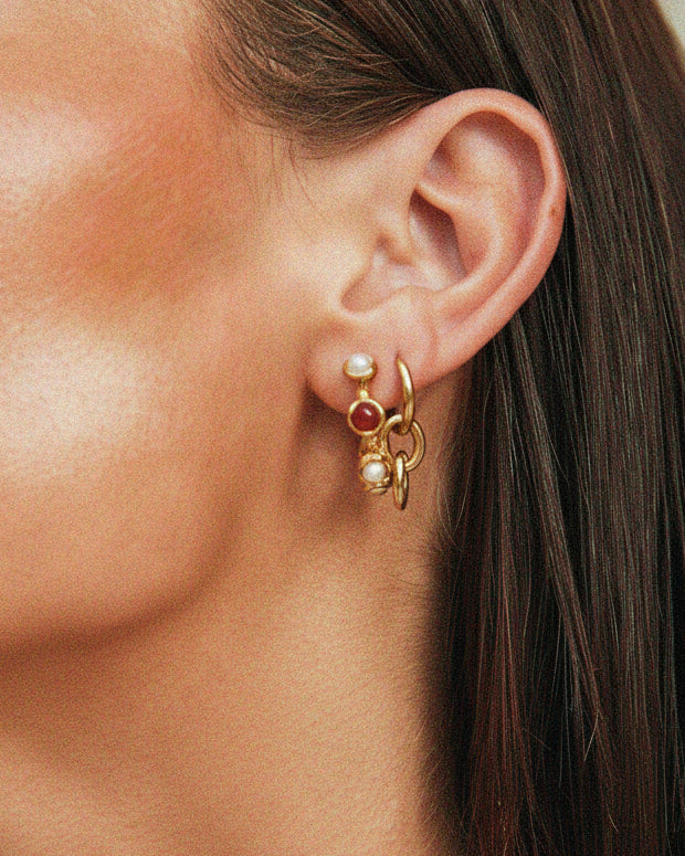 Textured pearl and stone stud hoop earrings in 18k gold PVD by Tegan Rae Jewellery, featuring intricate designs and a polished finish.