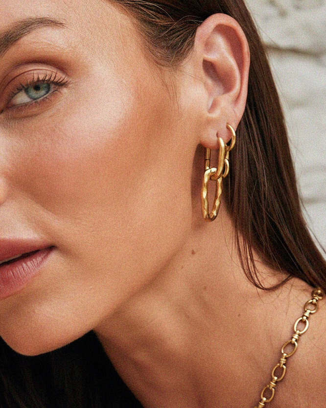 Organic removable link earrings by TEGAN RAE JEWELLERY with 18k gold PVD finish, featuring hoop and chain design.