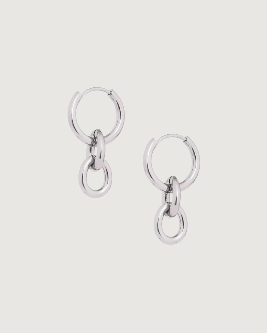 Tegan Rae Jewellery Peita Hoop Chain Earrings in platinum silver, featuring sleek hoop design with chain accents.