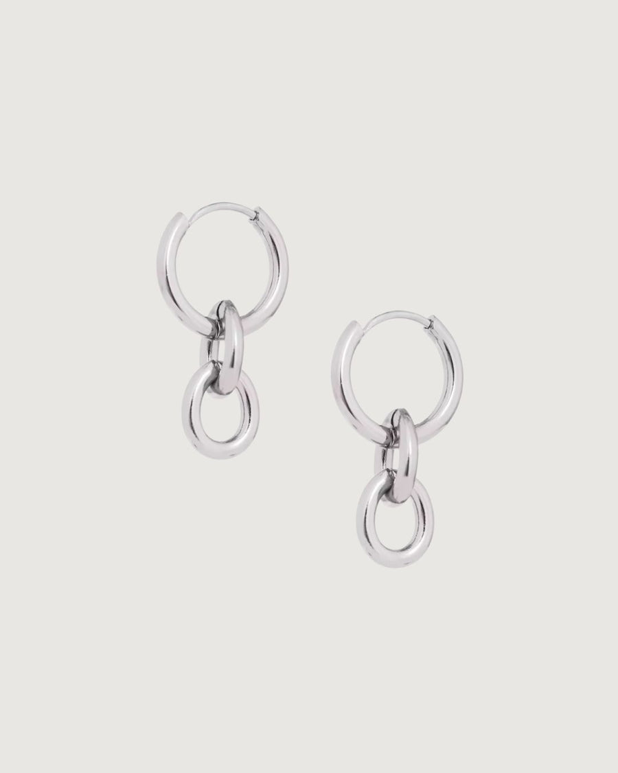 Tegan Rae Jewellery Peita Hoop Chain Earrings in platinum silver, featuring sleek hoop design with chain accents.