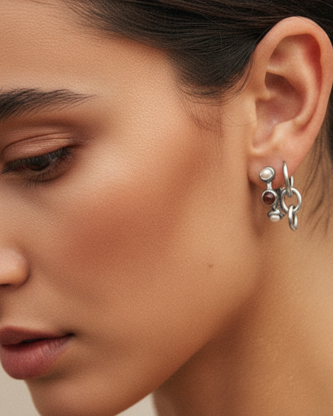 Platinum silver Peita hoop chain earrings by Tegan Rae Jewellery featuring sleek, modern hoop design and chain detailing.