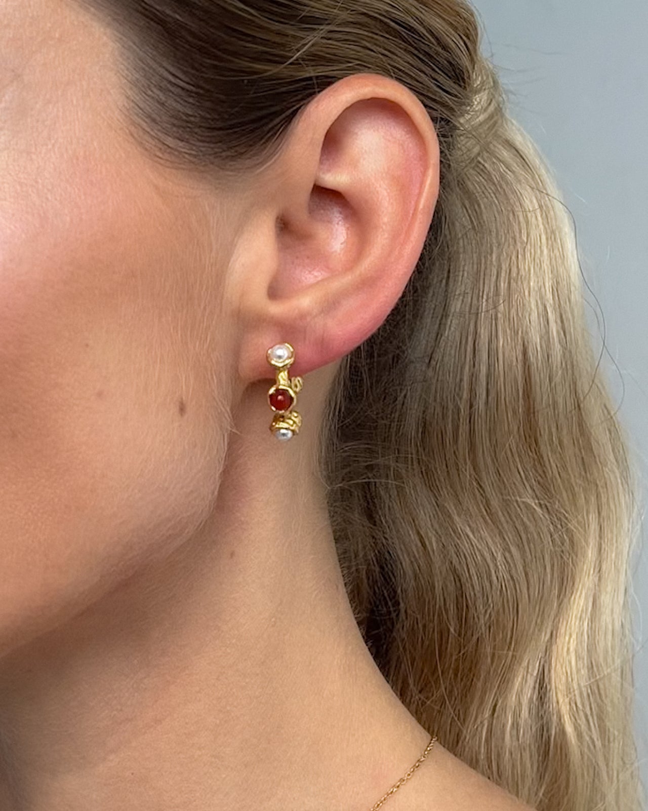 Textured pearl and stone stud hoop earrings by Tegan Rae Jewellery, crafted in 18k gold PVD, featuring detailed design and mixed textures.