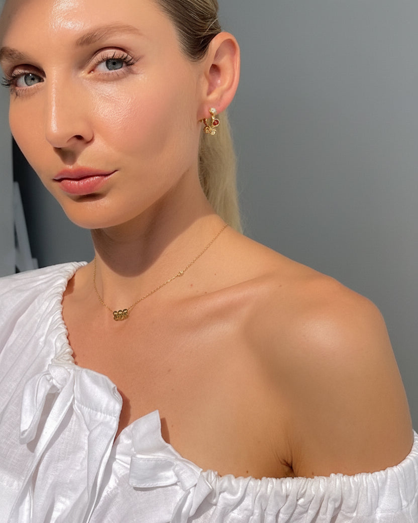Textured pearl and stone stud hoop earrings by Tegan Rae Jewellery in 18k gold PVD with intricate detailing and elegant design.