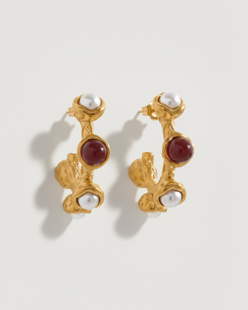 Textured pearl and stone stud hoop earrings by Tegan Rae Jewellery in 18k gold PVD, showcasing intricate design and mixed materials.