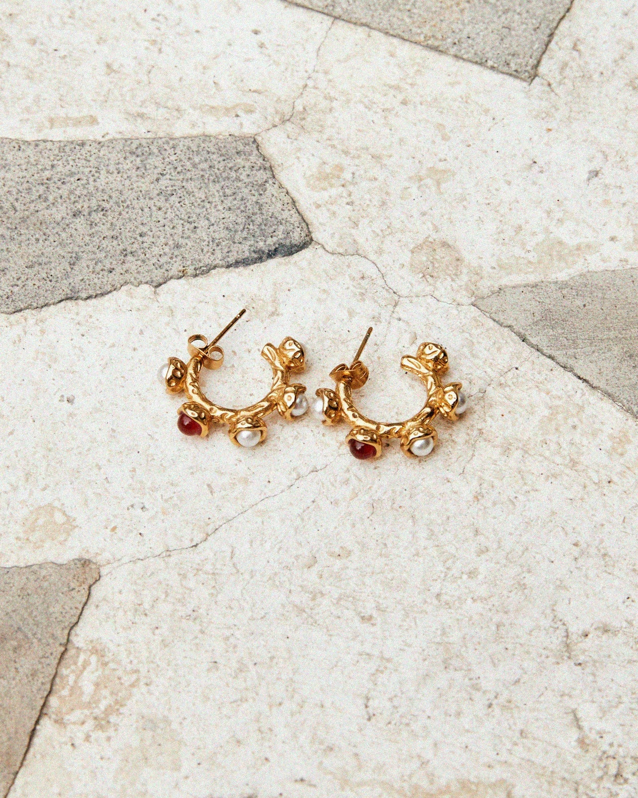 Textured pearl and stone stud hoop earrings in 18k gold PVD by Tegan Rae Jewellery, featuring detailed craftsmanship and elegant design.
