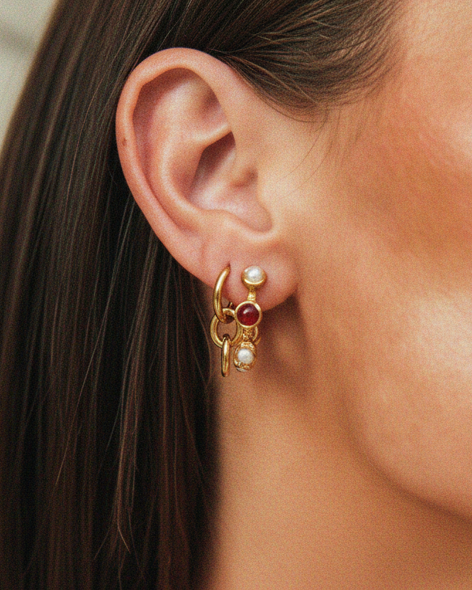 Tegan Rae Jewellery textured pearl and stone stud hoop earrings in 18k gold PVD, featuring elegant design and mixed materials.