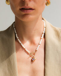 Thumbnail for Gold heart-shaped freshwater pearl necklace with pink stone accents by TEGAN RAE JEWELLERY, elegant jewelry for special occasions.