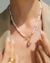 Thumbnail for Gold heart necklace with freshwater pearls and pink stone, by Tegan Rae Jewellery, featuring elegant jewelry design.