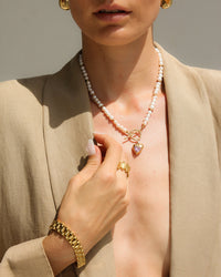 Thumbnail for Gold heart-shaped freshwater pearl necklace with pink stone accents by TEGAN RAE JEWELLERY, featuring elegant jewelry design.