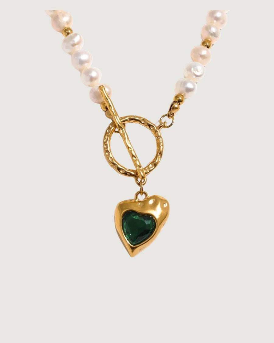 Gold heart freshwater pearl necklace with emerald green stone pendant from Tegan Rae Jewellery, elegant and romantic jewelry.