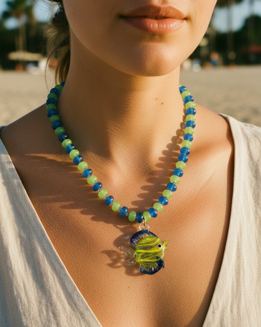 Woman wearing a beaded necklace with a fish pendant on a beach.