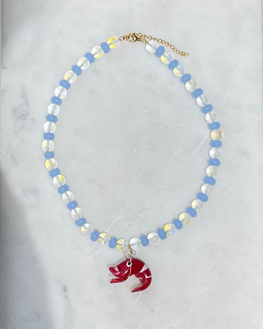 LARRY THE RED LOBSTER PENDANT NECKLACE - BLUE OPALESCENT GLASS BEADS - STUDIO JO STORE  