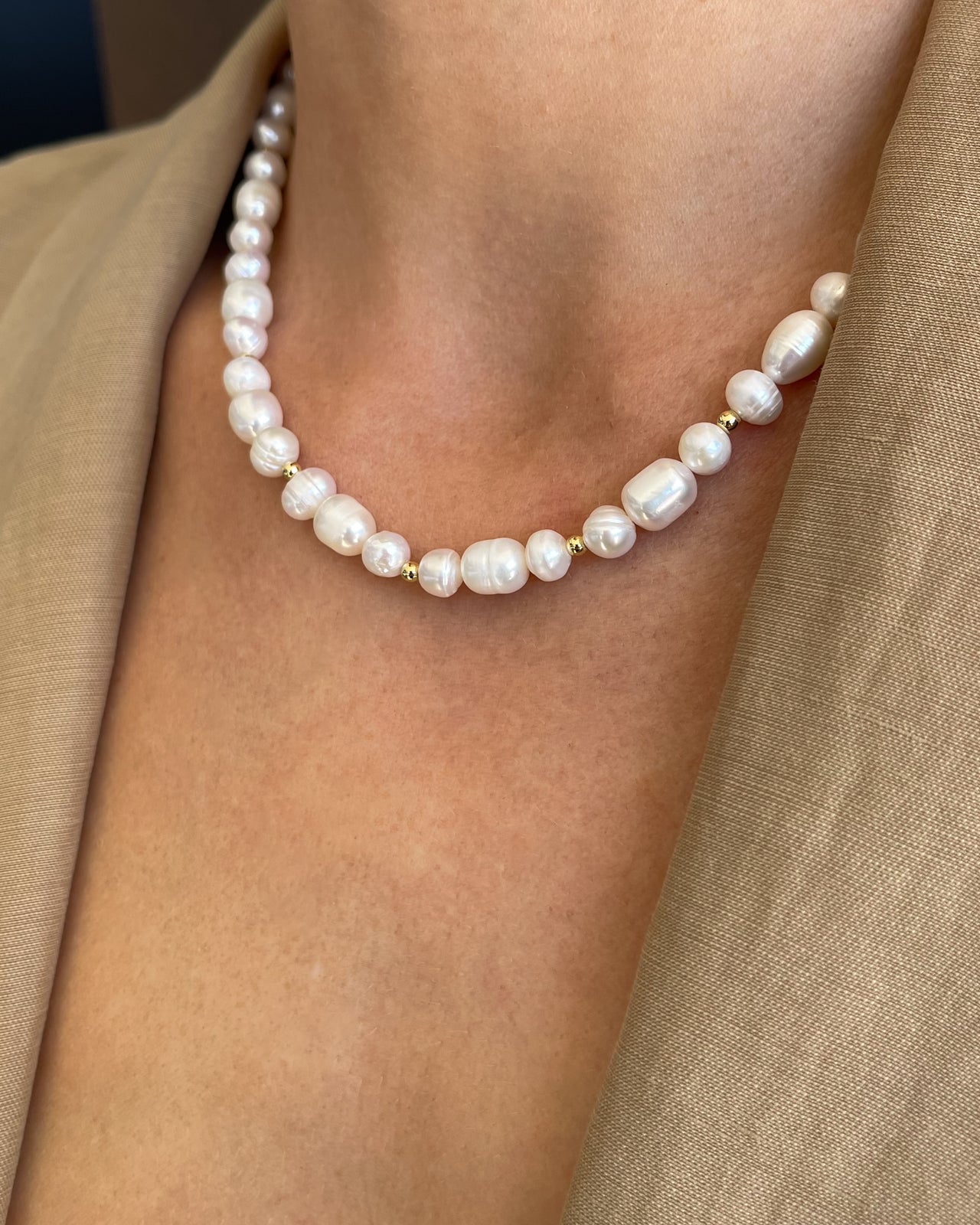 Tegan Rae Jewellery Lunaria Frequency Pearl Necklace in 18k gold, featuring elegant pearls on a delicate gold chain.