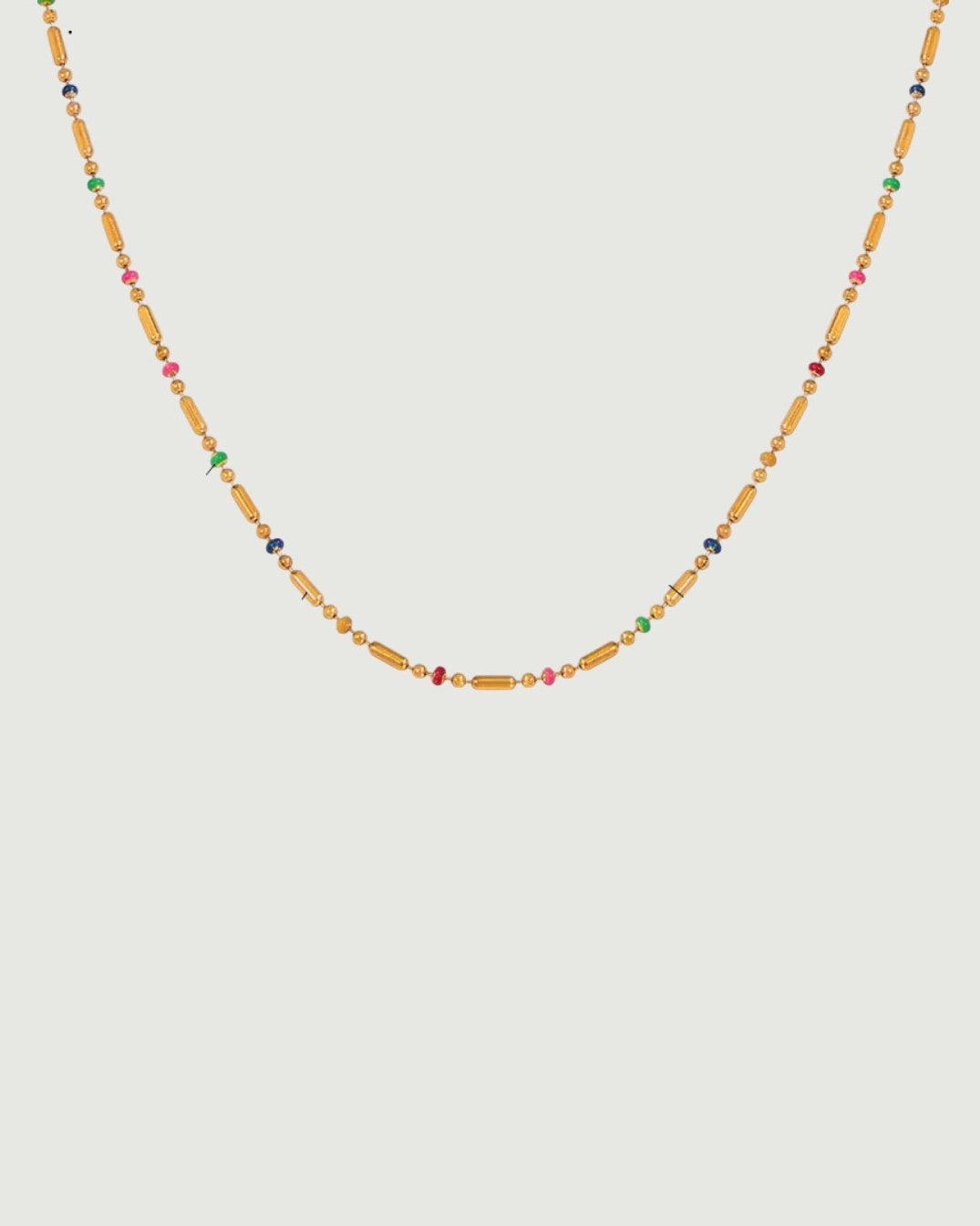 Tegan Rae Jewellery Sol Light beaded necklace in 18k gold PVD with frequency-inspired design, featuring intricate bead details.