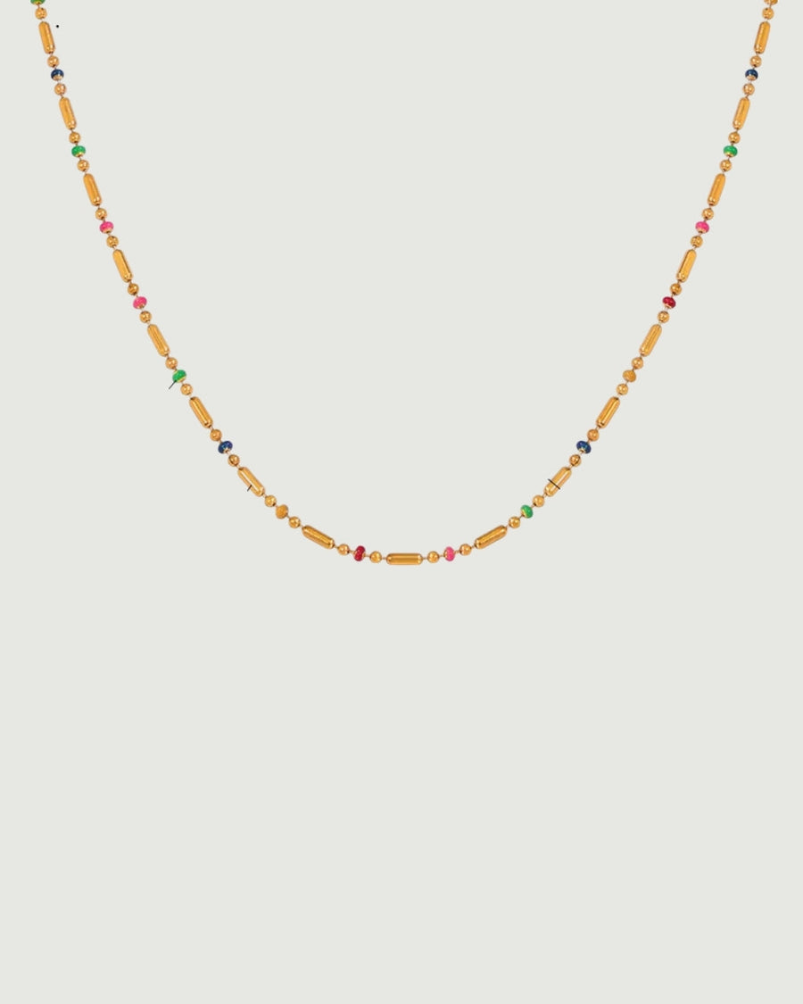 Tegan Rae Jewellery Sol Light beaded necklace in 18k gold PVD with frequency-inspired design, featuring intricate bead details.