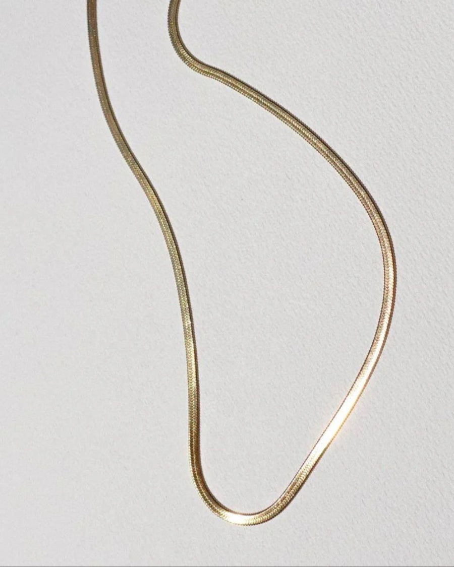 Tegan Rae Jewellery Solace 18k Gold Fine Snake Chain Necklace showcasing a sleek, elegant gold chain design.