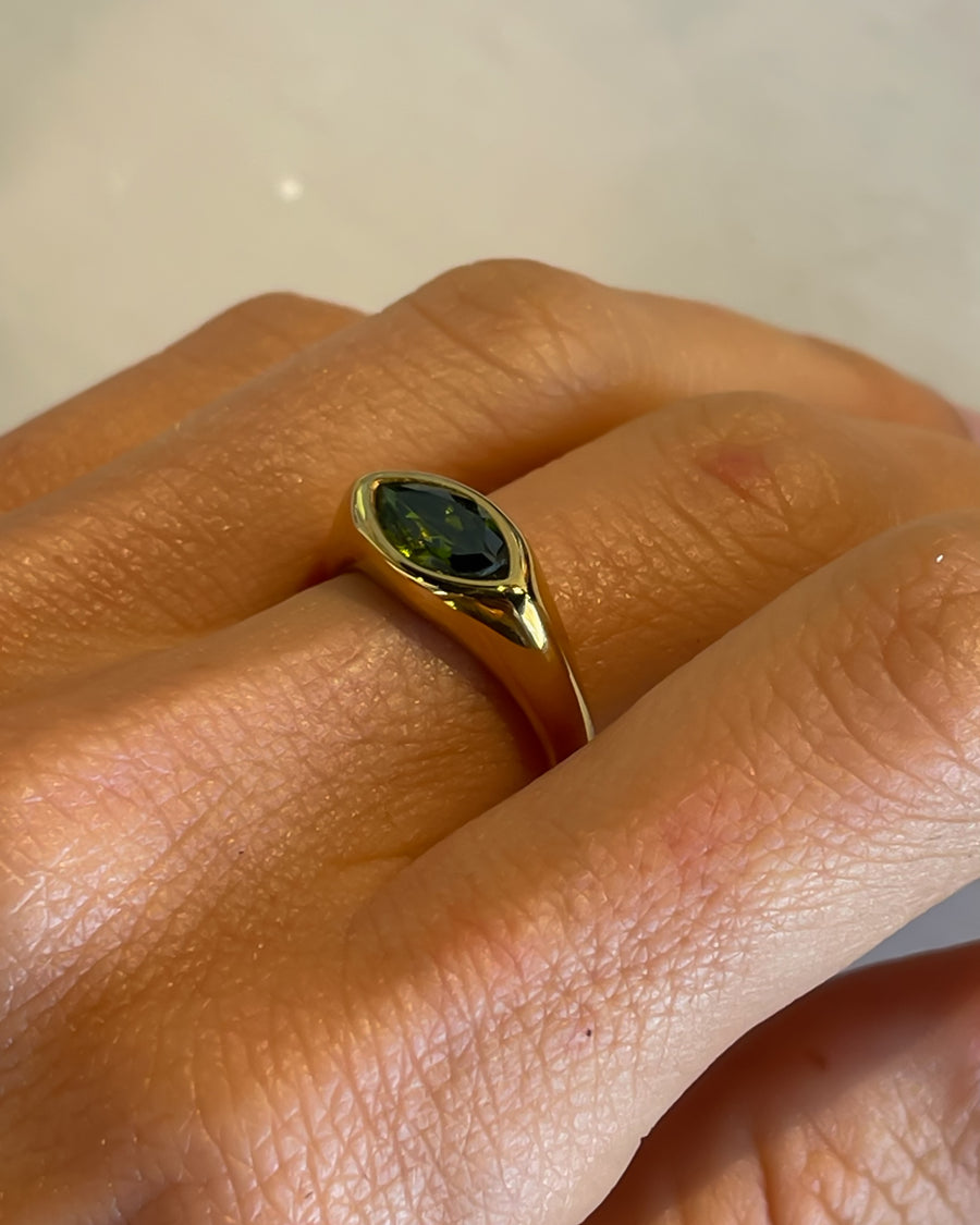 Horse eye signet ring with emerald green design in 18k gold PVD finish by Tegan Rae Jewelry.