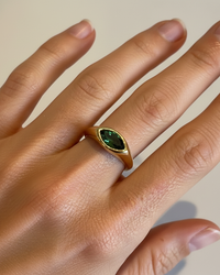 Thumbnail for Emerald green horse eye signet ring by Tegan Rae Jewellery in 18k gold PVD with detailed horse design.