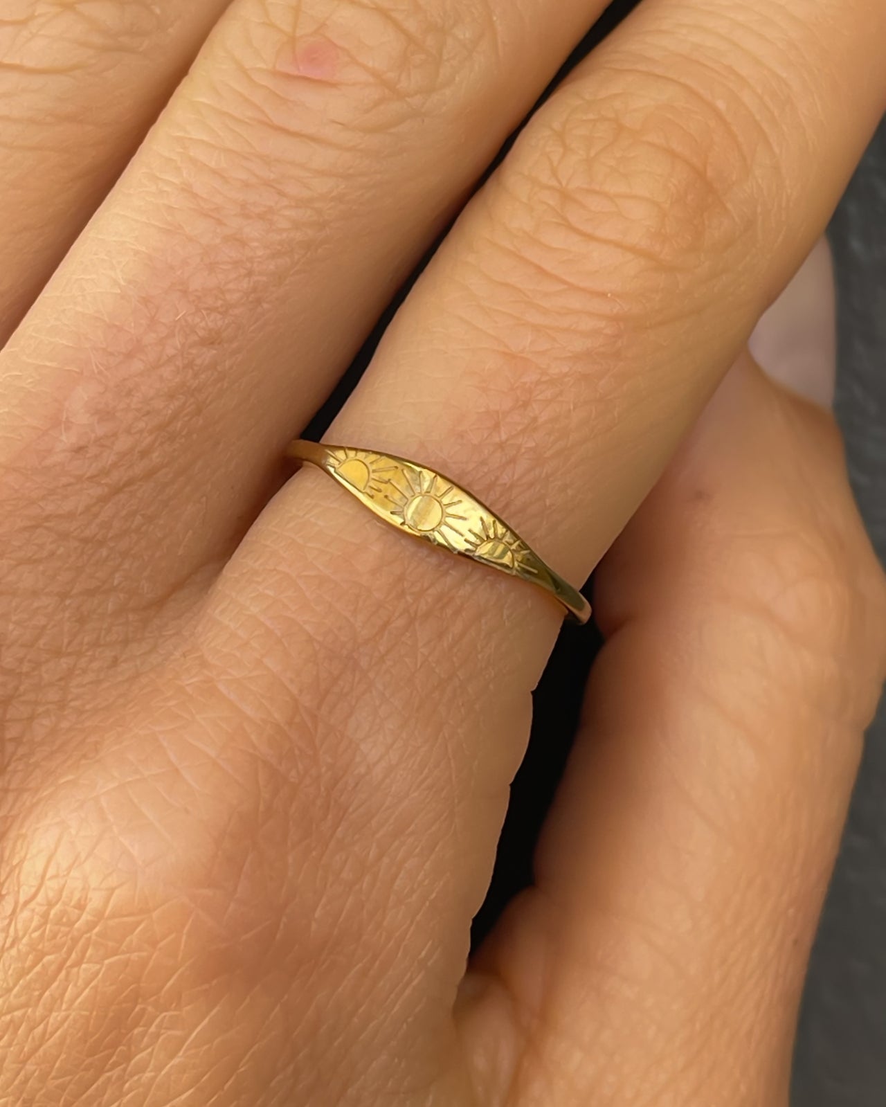 Tegan Rae Jewellery Solis Ring Sunbeam Signet in 18k gold or silver, featuring a polished sunbeam design on a sleek ring.