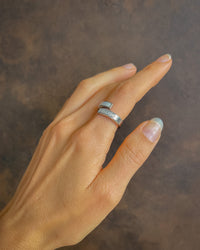 Thumbnail for Tegan Rae Jewellery AmAnda white shell and diamond swirl ring in platinum silver, showcasing a elegant design with shimmering accents.