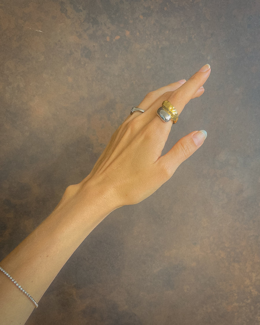 Aurora Two-Tone Dome Ring by TEGAN RAE JEWELLERY featuring platinum silver and gold in a sleek, modern design.