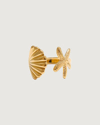 Thumbnail for Gold open ring with starfish and shell tidal charm, 18k gold PVD finish, designed by Tegan Rae Jewellery.