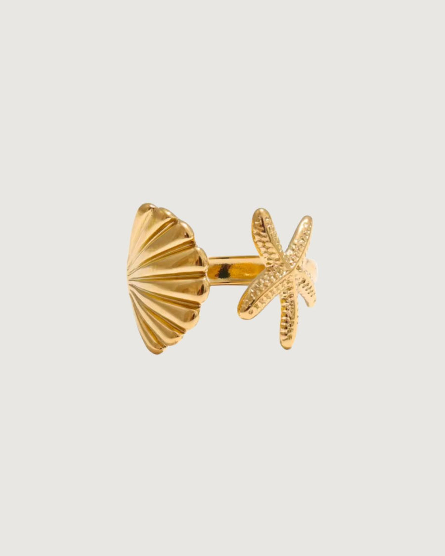 Gold open ring with starfish and shell tidal charm, 18k gold PVD finish, designed by Tegan Rae Jewellery.