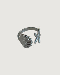 Thumbnail for Tegan Rae Jewellery starfish shell tidal charm open ring in platinum silver with intricate ocean-inspired design.