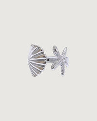 Thumbnail for Open starfish shell tidal charm ring in platinum silver by TEGAN RAE JEWELLERY, featuring intricate sea-inspired design.