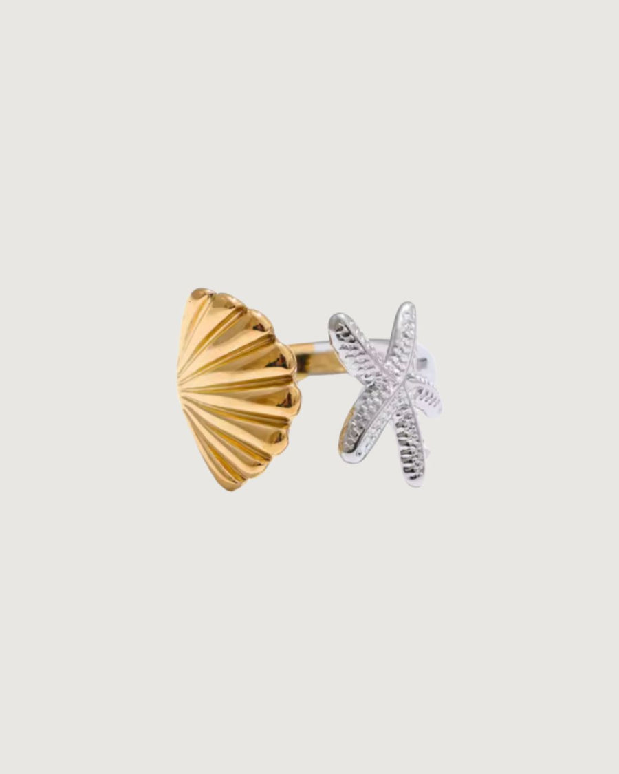 Tegan Rae Jewellery starfish shell tidal charm open two-tone ring in 18k gold PVD and platinum with nautical design.