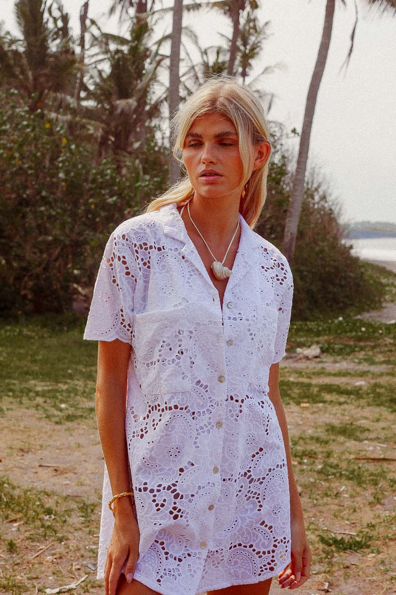 PALM COLLECTIVE ULLUWATU LACE SHIRT DRESS WHITE - STUDIO JO STORE  