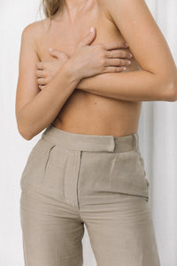 Thumbnail for Close-up of taupe linen trouser waistband 