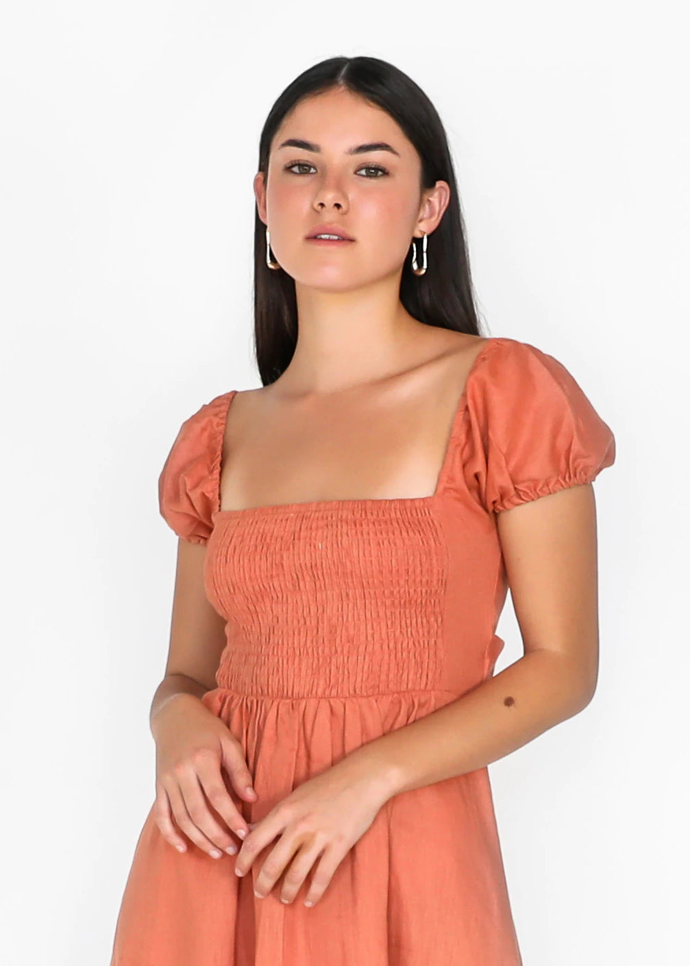 TEGAN RAE - AMERIE LINEN MIDI DRESS CLAY - STUDIO JO STORE  
