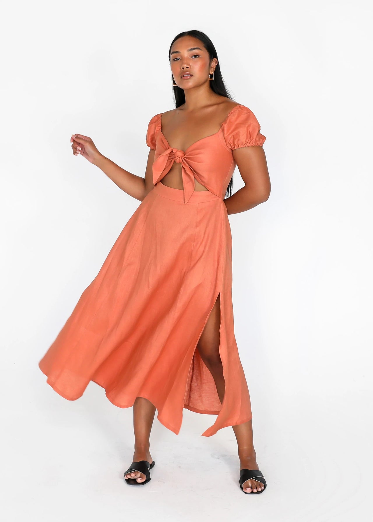 TEGAN RAE - AMERIE LINEN MIDI DRESS CLAY - STUDIO JO STORE  