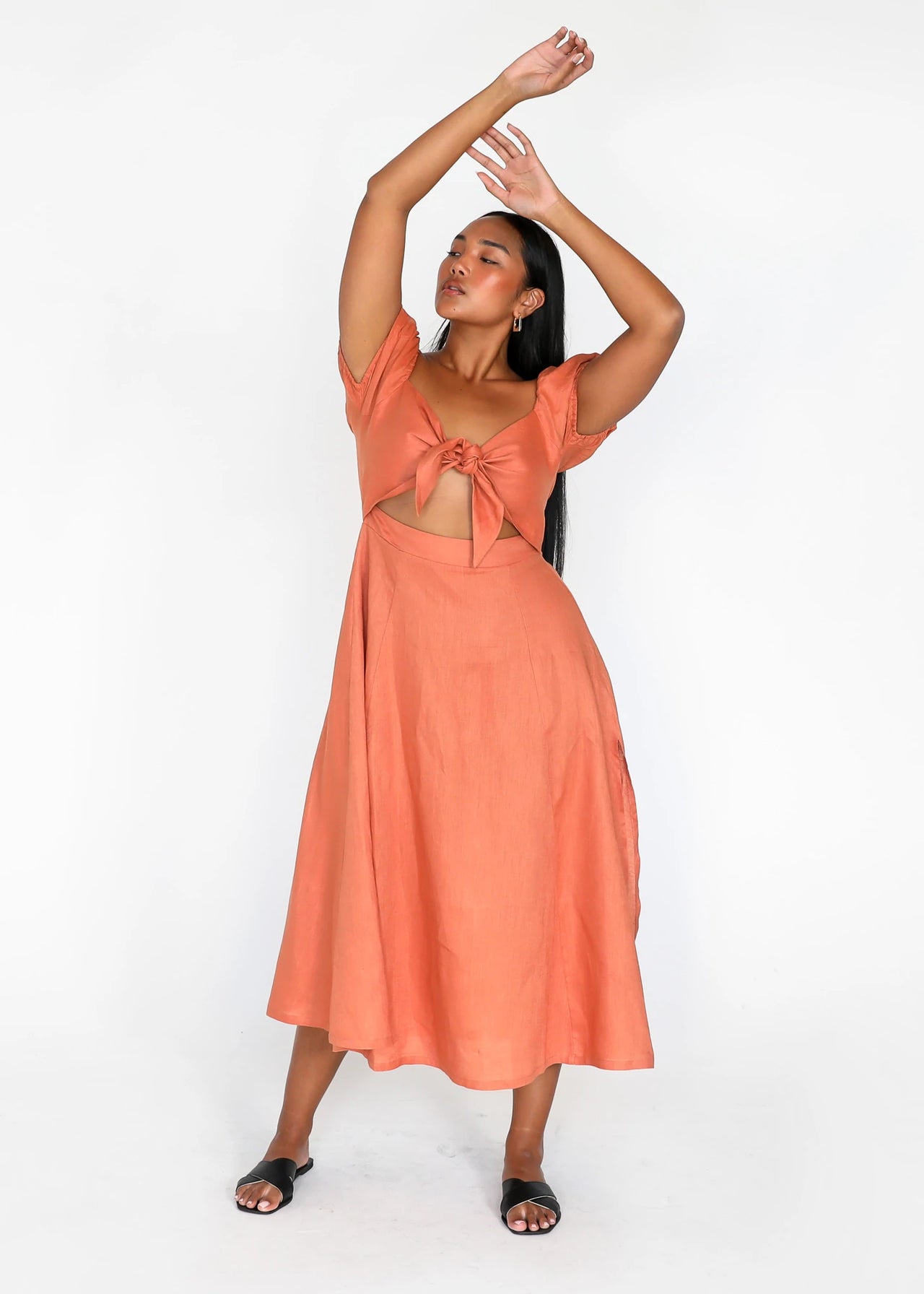 TEGAN RAE - AMERIE LINEN MIDI DRESS CLAY - STUDIO JO STORE  